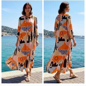 NWT Oliphant Bahara Shirt Dress Long Silk Cotton Riviera Orange Resortwear XS